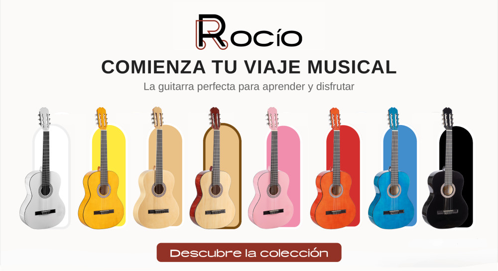 guitarras clásicas Rocío, nivel iniciación. Disponible en colore: blanco, amarillo, rosa, roja, natural, azul y negra.